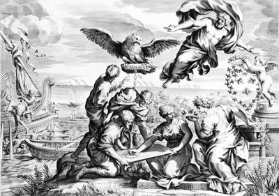 Allegorie van de Barberini Familie, prent gemaakt door Karl Audran c.1623-40 door Pietro da Cortona